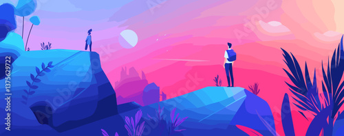 Two hikers enjoying a vibrant sunset on rocky terrain in nature scene - vector.