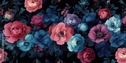 Floral Seamless Pattern of Vibrant Peonies and Roses on Black Background
