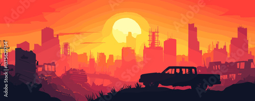 Apocalyptic cityscape at sunset with abandoned truck silhouette - vector.
