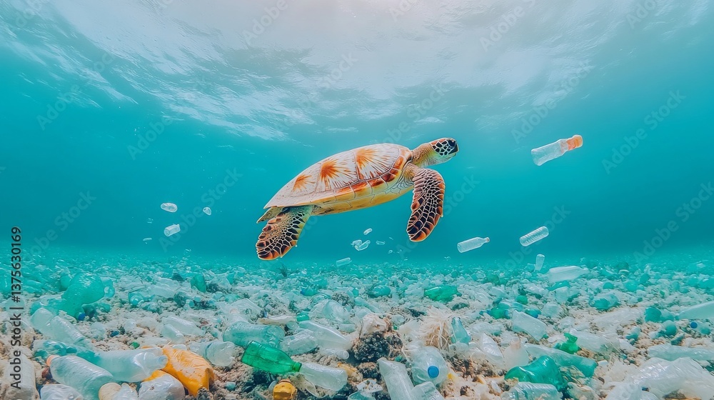 Fototapeta premium turtle navigates the ocean, weaving through a sea of plastic bottles 