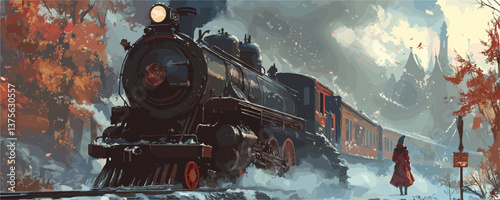Old steam train passing through autumn forest with steaming smoke, winter background, vector.