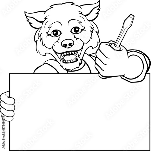 A wolf electrician handyman or other construction cartoon mascot man holding a screwdriver tool.