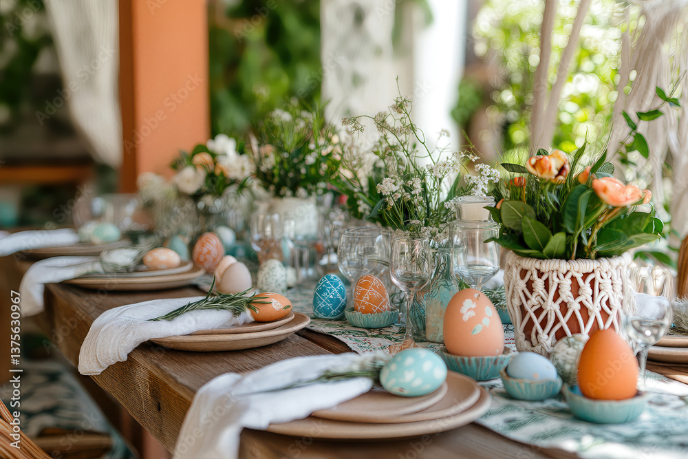 Pastel Easter table with rustic floral arrangements