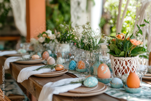 Obraz na płótnie Pastel Easter table with rustic floral arrangements w salonie
