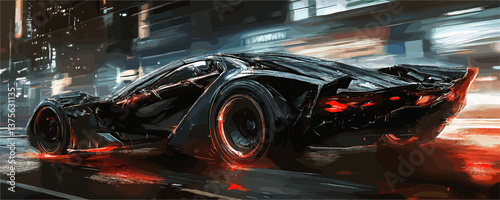 Futuristic high-speed sports car races through neon-lit urban streets at night - vector.