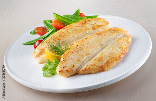Pangasius mit Zuckerschoten und Tomaten auf weisser Platte, Fischfilet, gebraten, Bratfisch, tellergericht, 
