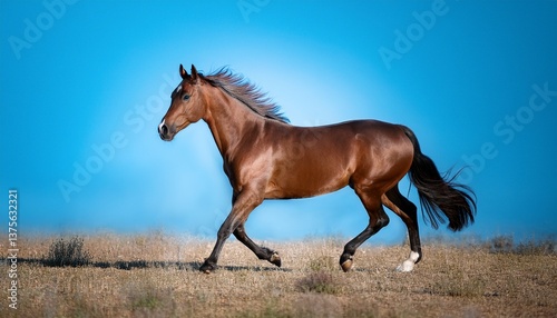 majestic brown horse trotting gracefully against a blue background