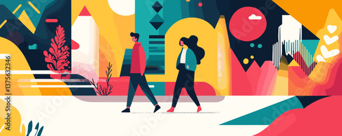 Abstract urban scene with people walking through vibrant geometric landscape - vector.