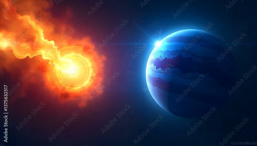 Obraz premium A digital artwork of a cosmic scene featuring two celestial bodies against a backdrop of stars. On the left, there is a fiery explosion of orange and yellow hues