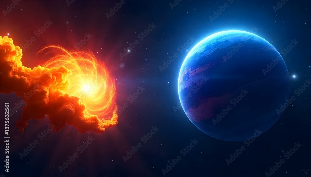 Obraz premium A digital artwork of a cosmic scene featuring two celestial bodies against a backdrop of stars. On the left, there is a fiery explosion of orange and yellow hues