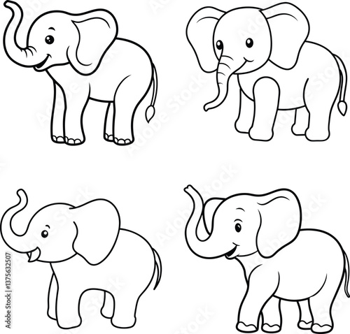 set of elephants in vector one line art