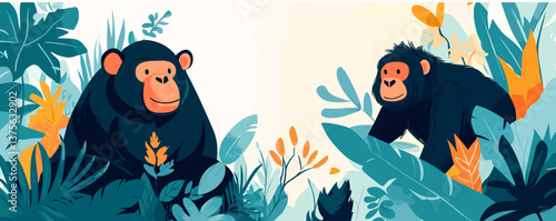 Two chimpanzees in lush jungle foliage with vibrant leaves - wildlife art vector.