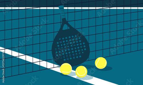 Padel racket and balls leaning on the net of a padel court