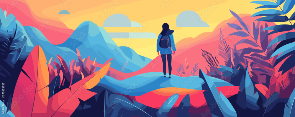 Fototapeta premium Adventurous woman in vibrant landscape with mountains and plants at sunrise - vector.
