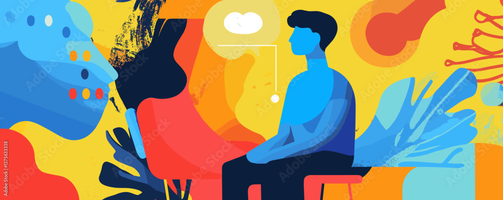 Fototapeta premium Abstract art of contemplative man in vibrant colors and shapes - vector.