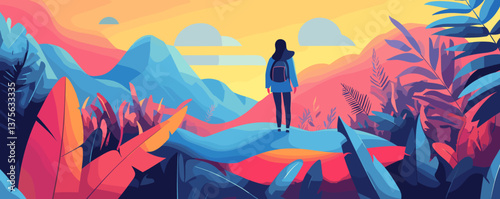 Adventurous woman in vibrant landscape with mountains and plants at sunrise - vector.