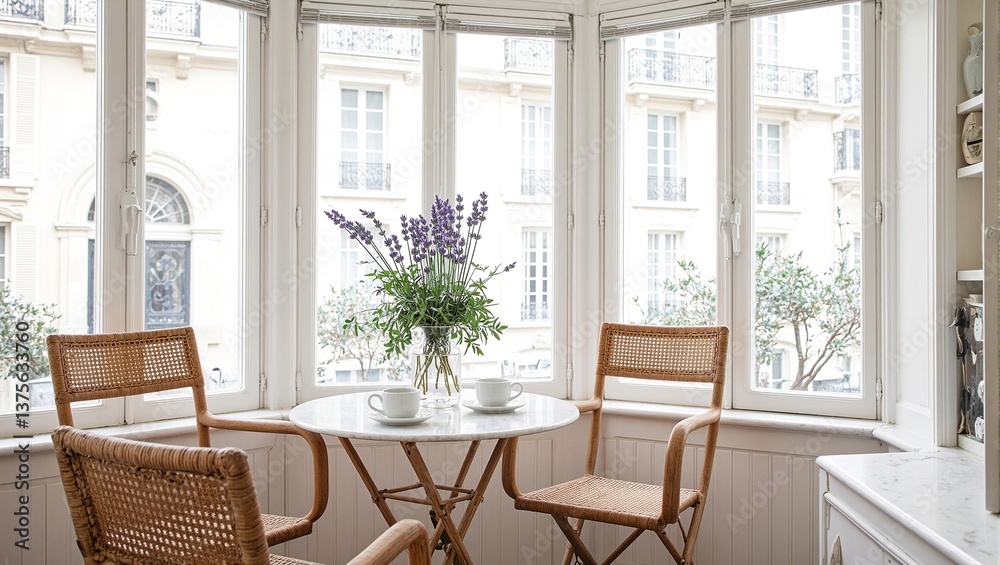Fototapeta premium Inviting Parisian breakfast nook round marble bistro table rattan caf chairs fresh lavender vase Elegant and cozy ambiance