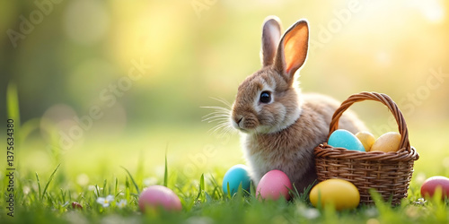 A cute brown bunny, a wild mammal with fur and long ears, sits with colorful Easter eggs on the green spring grass, isolated for the holiday