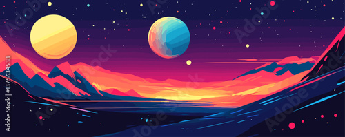 Futuristic alien landscape with colorful planets and mountains at sunset - vector.