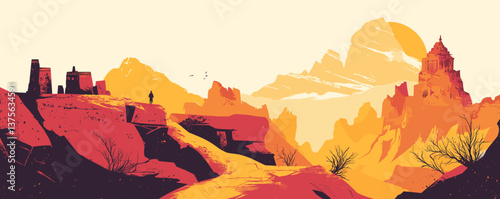Desert landscape at sunset with ancient ruins and lone traveler - vector.