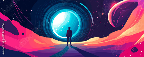 Person gazing into cosmic portal in colorful space with planets, stars, vivid nebulae - vector.