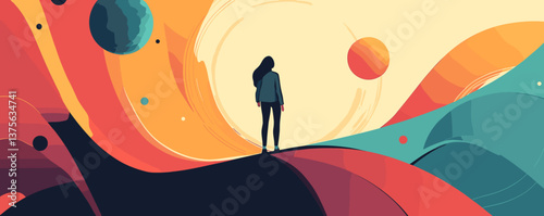 Woman standing on abstract colorful landscape with planets in the background - vector.