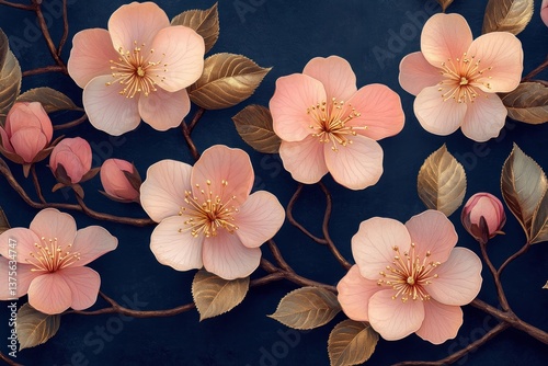Seamless Vintage Floral Pattern with Cherry Blossoms Pink Gold Navy Blue Background photo