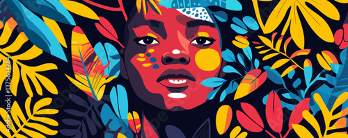 Vibrant abstract portrait of woman amidst tropical leaves, bold colors, artistic face - vector.