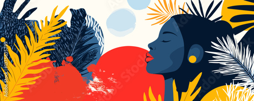 Vibrant abstract portrait of a dreaming woman surrounded by tropical leaves in bold colors – vector.