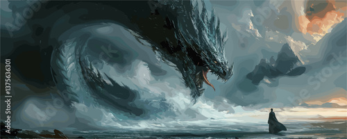 Majestic dragon encountering lone adventurer by the sea at sunset - vector.
