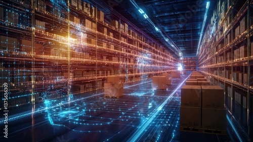 Futuristic digital warehouse with illuminated data matrix and glowing energy beams  Advanced logistics and automation concept with abstract technology background