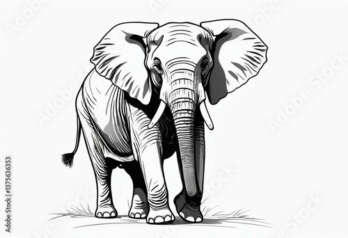 A joyful elephant in a line art style on a white background