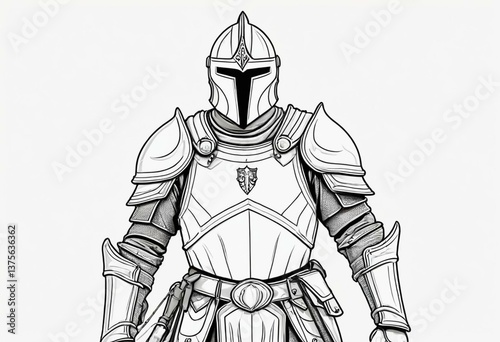 A brave knight in a black and white line art style on a white background