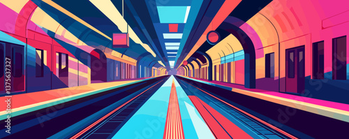 Colorful abstract subway tunnel with vanishing point perspective - vector.