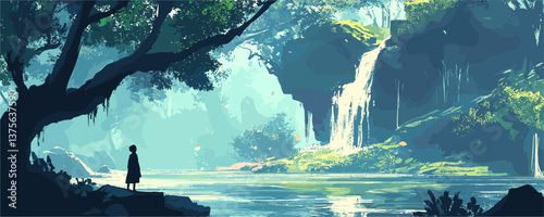 Tranquil forest scene with silhouetted figure and waterfall – vector.