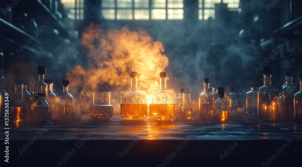 Obraz premium Vintage Laboratory Glassware and Medications on Dark Wood Table with Dramatic Lighting