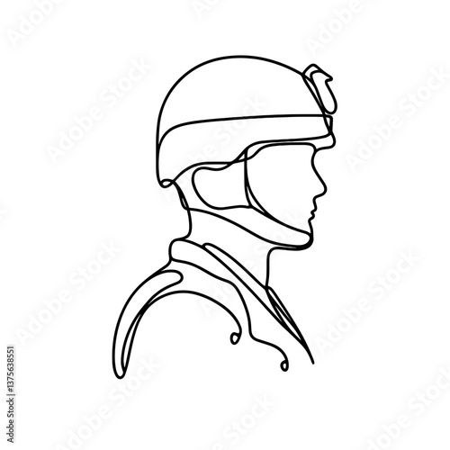 One line art soldier serious wearing helmet representing military service against white background with copy space