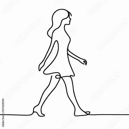 One line art woman elegantly walking against white background with copy space