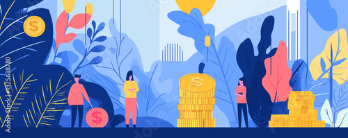 Business growth and investment with people and coins in nature-inspired setting, vector.
