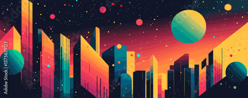 Futuristic cityscape with vibrant geometric shapes and celestial bodies in space - vector.