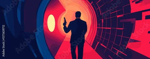 Mysterious agent walking through futuristic tunnel with gun in hand - cinematic scene vector.