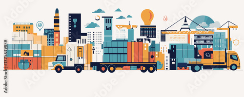 Colorful cityscape with trucks, containers, and construction cranes in an urban skyline - vector.