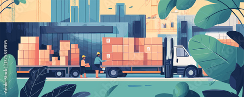 Delivery truck unloading cargo at construction site with workers and boxes - vector.