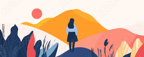Serene landscape with woman admiring sunset over hills and foliage - vector.