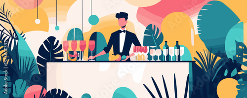 Colorful abstract bartender with cocktails and tropical plants in background - vector.