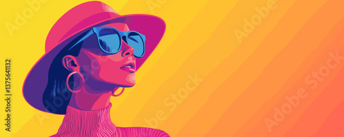 Stylish woman in hat and sunglasses against vibrant background vector.
