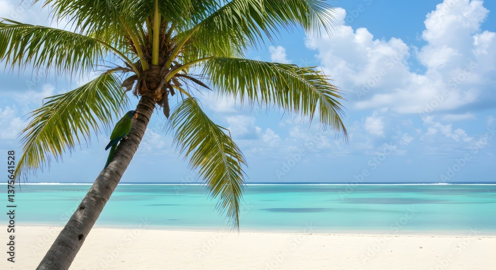 Fototapeta premium Parrot on Palm with Tropical Beach. (1)