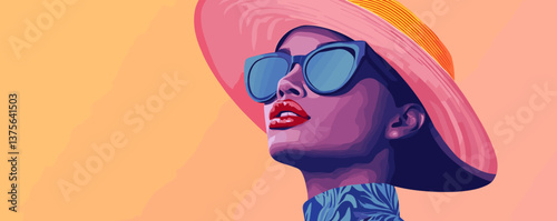 Woman in stylish hat and sunglasses on vibrant background - vector.