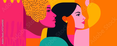 Colorful portrait of diverse women in abstract art design - vector.