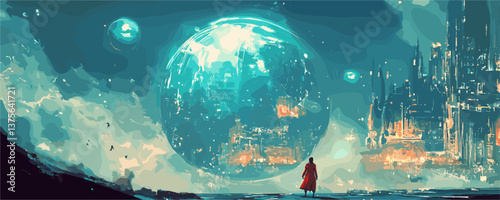 Astronaut gazing at futuristic city and planet in vibrant night sky - vector.